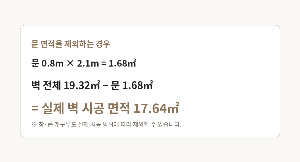 욕실 벽 전체 면적에서 문 면적을 제외하는 계산 이미지